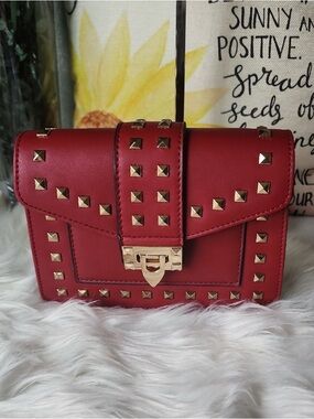 Red Studded Crossbody Shoulder Bag - Gold Hardware